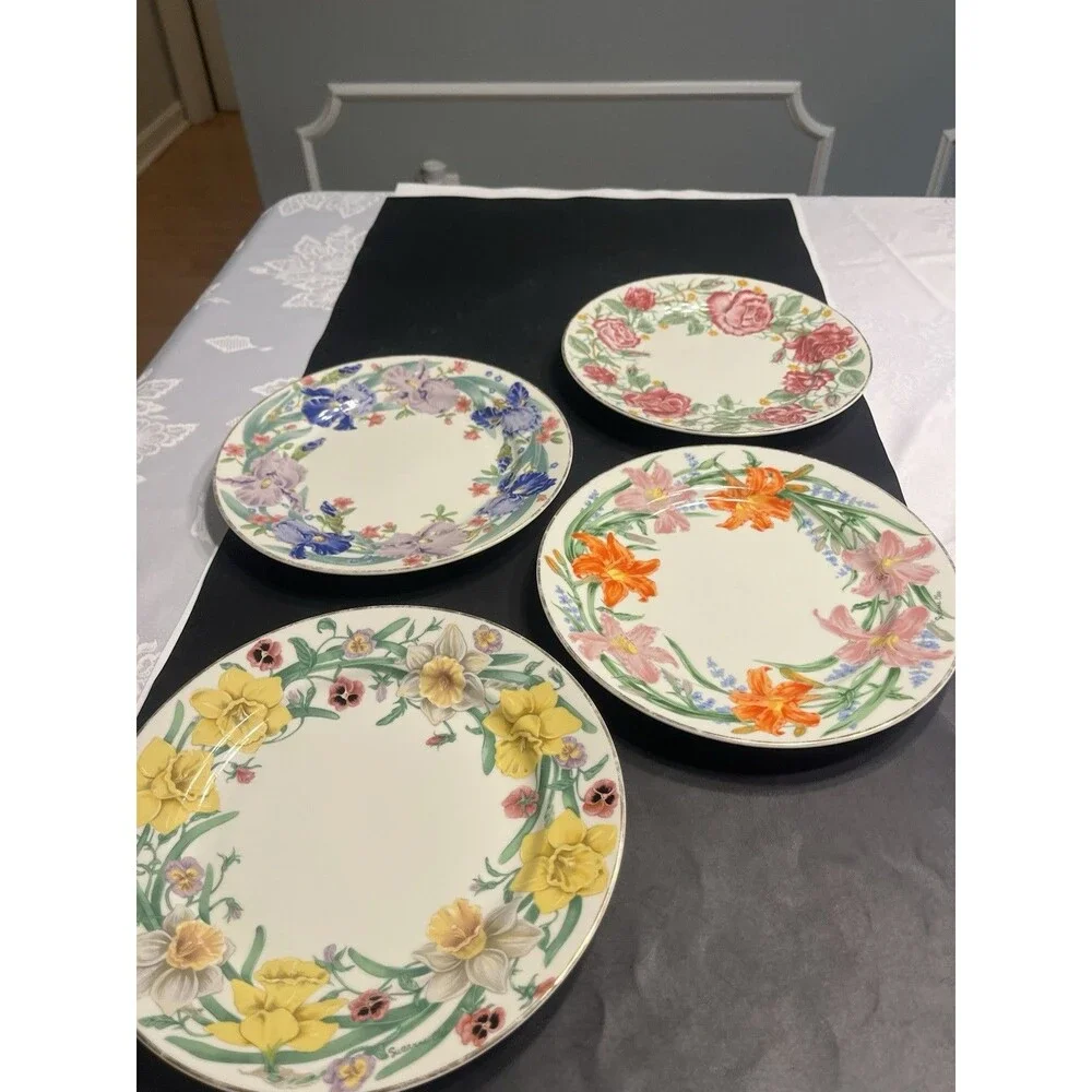 4pc LENOX The Flower Blossom Collection Dessert Plates Daffodil Rose Lily Iris